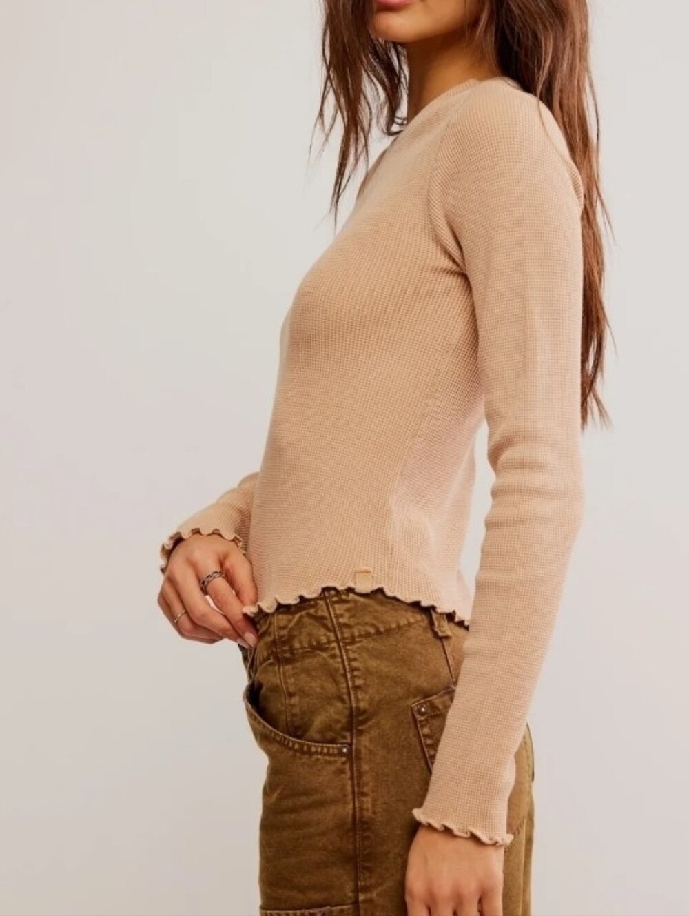 We The Free People Easy Does It Tee Thermal Long Sleeve Top Cuban Sand Sz Small - Picture 2 of 10